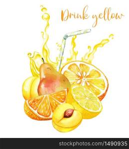 Yellow fruits composition with yellow juice splash on background and drawing straw, hand drawn vector watercolor illustration