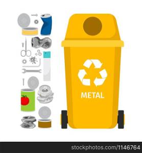 Yellow garbage can with metal garbage elements, vector illustration. Yellow garbage can with metal trash
