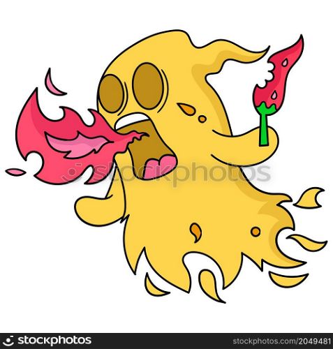 yellow ghost eating hot chili spitting fire