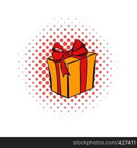 Yellow gift box with a red ribbon comics icon on a white background. Yellow gift box with a red ribbon comics icon