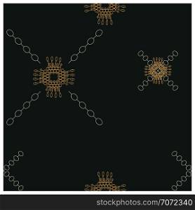 Yellow gold chain and pendant on black background seamless pattern. Accessories sketch clipart. Jewels textile, background, web, wrapping paper. Vector illustration. Yellow gold chain and pendant endless texture.