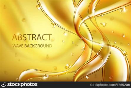 Yellow golden flowing liquid vector abstract wavy background, oil texture with flying drops. Streams of oil, honey or fluid with light element. Template for cosmetic, sale banner or flyer.. Yellow golden flowing liquid abstract vector