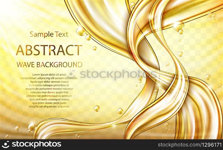Yellow golden flowing liquid vector abstract wavy background, oil texture with flying drops. Streams of oil, honey or fluid with light element. Template for cosmetic, sale banner or flyer.. Yellow golden flowing liquid abstract vector