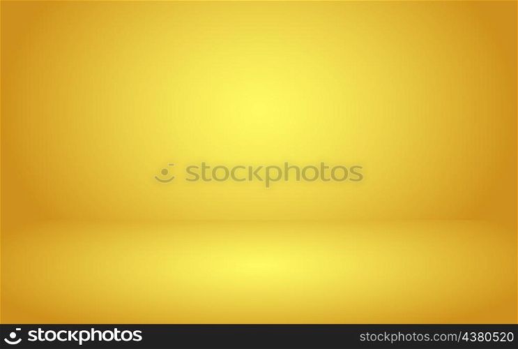 Yellow gradient background of room or studio. Yellow floor and wall with perspective background and spotlight for product. Golden texture for luxury style. Yellow floor and wall. Vector.