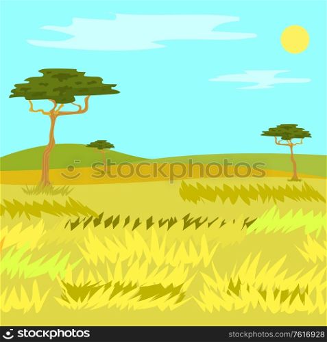 Yellow grass and trees, empty field and hills. Panorama view of savannah, clouds with sun on sky, natural wildlife and woods, floral design element vector, Africa landscape. Panorama View of Savannah, Grass and Tree Vector
