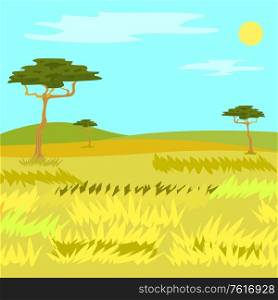 Yellow grass and trees, empty field and hills. Panorama view of savannah, clouds with sun on sky, natural wildlife and woods, floral design element vector, Africa landscape. Panorama View of Savannah, Grass and Tree Vector