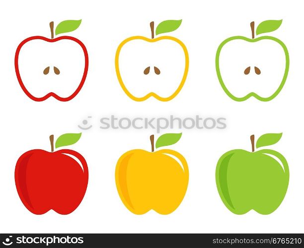 Yellow, green and red stylized apples. Apples whole and half in bright colors. Vector logotype, icon, sign.