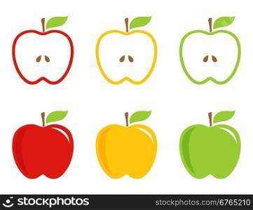 Yellow, green and red stylized apples. Apples whole and half in bright colors. Vector logotype, icon, sign.