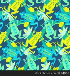 Yellow green frogs on a pond with lilies and leaves. Seamless pattern. Paper cut flat style. Fabric decoration. Print for clothes. Textile design. Hand-drawn cute character. Vector illustration. Yellow green frogs on a pond with lilies and leaves. Seamless pattern. Paper cut flat style. Fabric decoration. Print for clothes. Textile design. Hand-drawn cute character. Vector