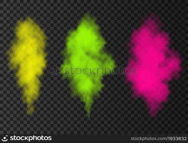 Yellow, green, pink smoke burst isolated on transparent background. Color steam explosion special effect. Realistic vector column of fire fog or mist texture .