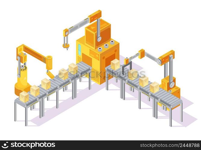 Yellow grey conveyor system with control panel, robotic hands and packaging on line isometric vector illustration. Conveyor System Isometric Illustration