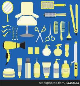 Yellow hair styling tools kit set isolated on blue background. Flat style accessories, sh&oo, comb, hair curler, hairdryer, hair straightener, hairbrush, hairspray, mirror, hairpins ecc.