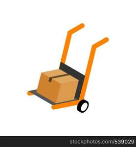 Yellow hand cart with cardboard box icon in isometric 3d style on a white background. Yellow hand cart with cardboard box icon