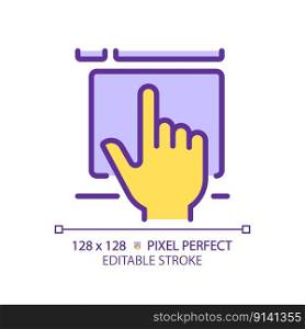 Yellow hand with touchpad device RGB color icon. Finger touching controller surface. Digital technology development. Tablet computer. Isolated vector illustration. Simple filled line drawing. Yellow hand with touchpad device RGB color icon