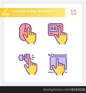 Yellow hands pressing keys on devices RGB color icons set. Electronic gadgets usage. Equipment control opportunities. Isolated vector illustrations. Simple filled line drawings collection. Yellow hands pressing keys on devices RGB color icons set