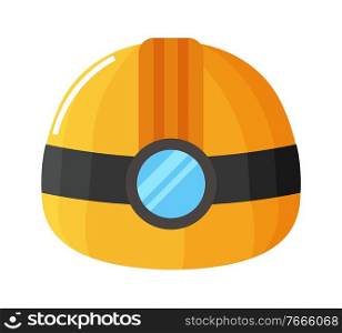 Yellow helmet with flashlight isolated on white. Protective equipment worn to protect head. Tool used in industries with dangerous work activities like construction and mining. Vector illustration. Helmet to Protect Head from Dangerous Activities