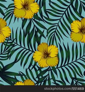Yellow hibiscus flowers and exotic leaves blue tone seamless pattern on the blue background
