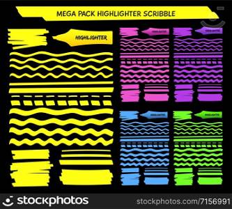 Yellow highlight pen hand drawn lines set vector illustration. Collection of wavy, dashed and straight highlight marks in green and violet, blue and pink felt pen colors for office style design. Yellow highlight pen hand drawn lines set