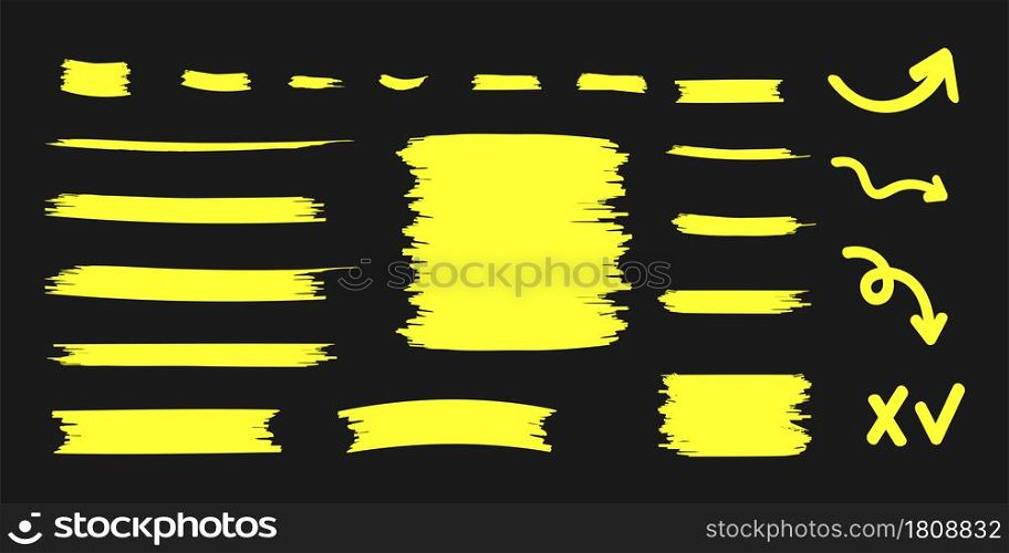 Yellow Highlighter Marker Strokes. Yellow watercolor hand drawn highlight set. Vector illustration. Yellow Highlighter Marker Strokes. Yellow watercolor hand drawn highlight set. Vector illustration.