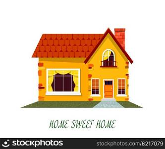 Yellow house. Cartoon house on a white background. Illustration of the cozy rural home, &#xA;isolate. Stock vector