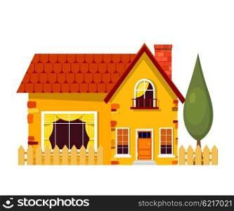 Yellow house with poplars. Cartoon house with fence and green tree on a white background. Illustration of the cozy rural home, isolate. Stock vector