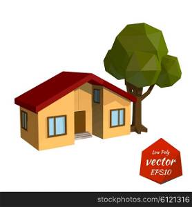 Yellow house with tree on white background. Low Poly style. Vector illustration