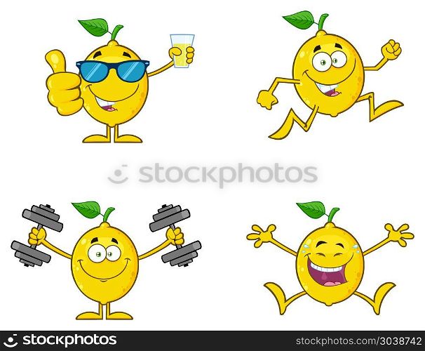 Yellow Lemon Fresh Fruit With Green Leaf Cartoon Mascot Character 4. Set Vector Collection Isolated On White Background