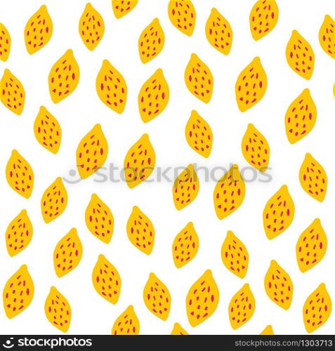 Yellow lemon seamless pattern on white background. Hand drawn citrus fruits wallpaper. Summer background. Modern design for fabric, textile print, wrapping paper, kitchen textiles. Vector illustration. Yellow lemon seamless pattern on white background. Hand drawn citrus fruits wallpaper.