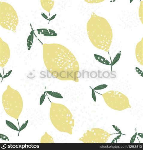 Yellow lemon with leaves seamless pattern white background. Hand drawn citrus fruits. Design for fabric, textile print, wrapping paper, kitchen textiles. Modern design. Vector illustration. Yellow lemon with leaves seamless pattern white background. Hand drawn citrus fruits.
