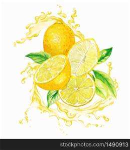 Yellow lemons and leaves in the splash of yellow juice, hand drawn vector watercolor illustration