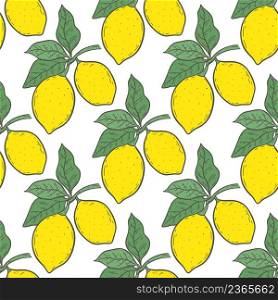 Yellow lemons seamless pattern. Background bright citruses. Model fruits on branch with leaves. Template for packaging, paper and design vector illustration