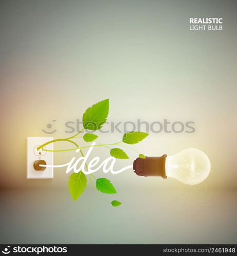 Yellow light bulb abstract background poster with electric equipment and green leaves growing from power-outlet vector illustration. Yellow Light Bulb Abstract Background Poster