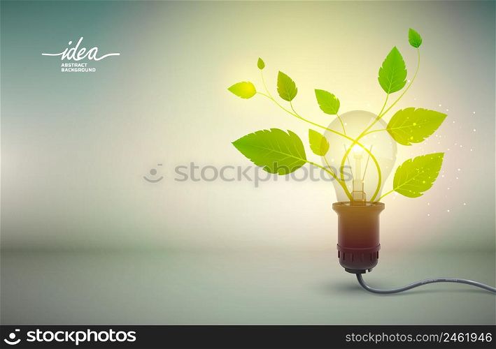 Yellow light bulb idea abstract background poster with electric equipment and green blossom growing from power-outlet as flower pot vector illustration. Yellow Light Bulb Idea Abstract Background Poster
