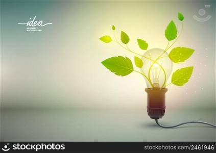 Yellow light bulb idea abstract background poster with electric equipment and green blossom growing from power-outlet as flower pot vector illustration. Yellow Light Bulb Idea Abstract Background Poster