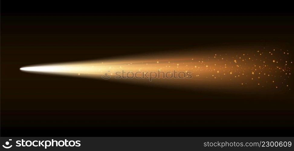yellow light meteors or comets, light sparkles shooting stars background. vector illustration