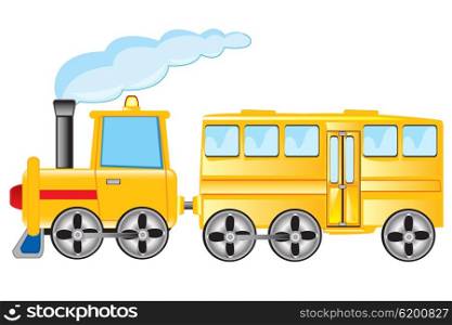 Yellow locomotive with coach on white background. Locomotive with coach