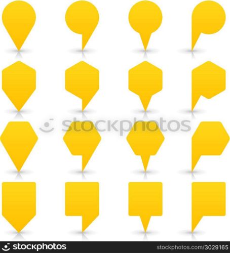 Yellow map pin sign flat location icon web button. Yellow map pin sign location icon with gray shadow and reflection on white background in simple flat style. This web design element save in vector illustration 8 eps