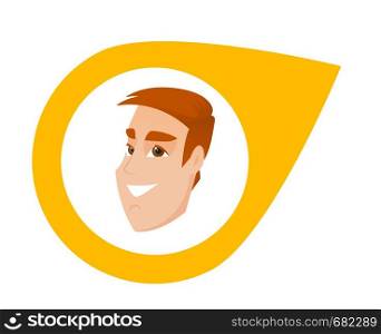 Yellow map pointer with male human head vector cartoon illustration isolated on white background.. Map pointer with male human head vector cartoon.