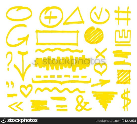 Yellow marker strokes. Highlighter scribble, highlighting text and marks. Vibrant direction arrow, stripes and signs. Pen notes element vector. Illustration of stroke scribble mark, highlight drawing. Yellow marker strokes. Highlighter scribble, highlighting text and marks. Vibrant direction arrow, stripes and signs. Pen notes element decent vector set
