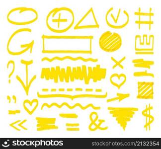 Yellow marker strokes. Highlighter scribble, highlighting text and marks. Vibrant direction arrow, stripes and signs. Pen notes element vector. Illustration of stroke scribble mark, highlight drawing. Yellow marker strokes. Highlighter scribble, highlighting text and marks. Vibrant direction arrow, stripes and signs. Pen notes element decent vector set
