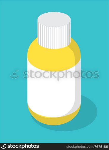 Yellow matte plastic bottle with screw cap and a white label for medicine, tablets, pills and liquid. Medicine, pharmacy concept. Container for medicament. Vial concept for special medical recipe. Yellow matte plastic bottle with screw cap for medicine, tablets, pills. Medicine, pharmacy concept
