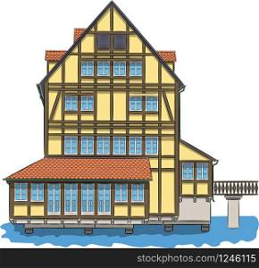 Yellow medieval half-timbered house over a canal in Bamberg. Vector illustration. Facade of an old house over a canal in in Bamberg.