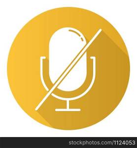 Yellow microphone forbidden flat design long shadow glyph icon. Sound recorder error notification idea. Recording prohibited. Voice speaker installation mistake. Vector silhouette illustration