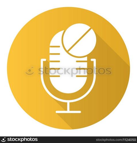 Yellow microphone not available flat design long shadow glyph icon. Sound recorder technical mistake idea. Voice speaker installation error. Recording equipment. Vector silhouette illustration