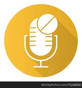 Yellow microphone not available flat design long shadow glyph icon. Sound recorder technical mistake idea. Voice speaker installation error. Recording equipment. Vector silhouette illustration