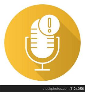 Yellow microphone technical error flat design long shadow glyph icon. Sound recorder connection problem idea. Voice control mistake. Recording equipment. Vector silhouette illustration