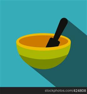 Yellow mortar and pestle flat icon on a blue background. Yellow mortar and pestle flat icon