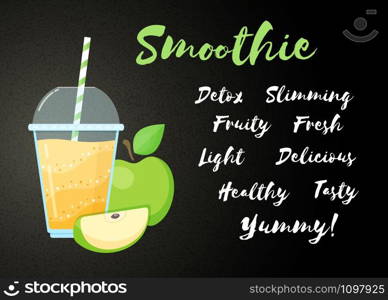 Yellow natural smoothie apple shake vector illustration. Big sign Smoothie, glass with cup and straw, filled with sweet tasty smoothies drink cocktail for fast food menu design or healthy detox banner. Yellow fresh smoothie apple shake cocktail banner