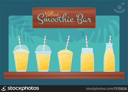Yellow natural vitamin smoothies vector set. Fresh juice shaken energy cocktail in bottle, jar and glass with wooden sign Smoothie Bar for vitamin beverage take away illustration or detox diet design. Yellow vegan diet smoothie and cocktail set