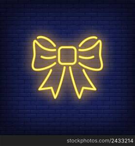 Yellow neon gift bow. Night bright sign element. Vector illustration for holiday, present box, festive design, celebration, christmas, advertisement